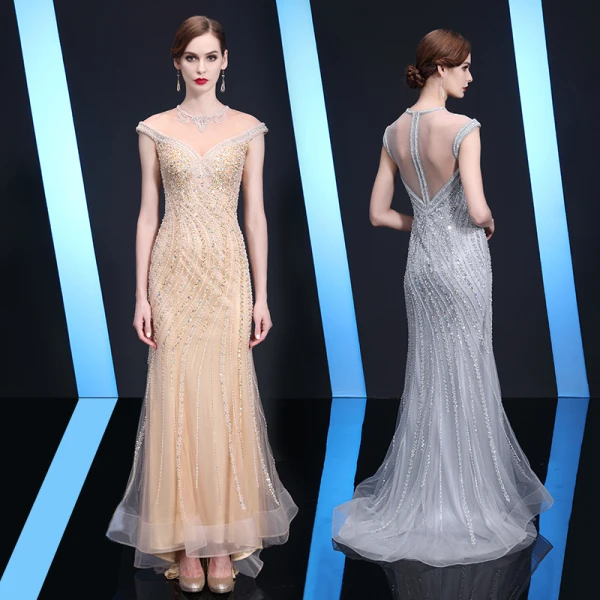 Luxury / Gorgeous Gold Evening Dresses 2019 Trumpet / Mermaid Scoop Neck Beading Sequins Pearl Crystal Rhinestone Sleeveless Sweep Train Formal Dresses