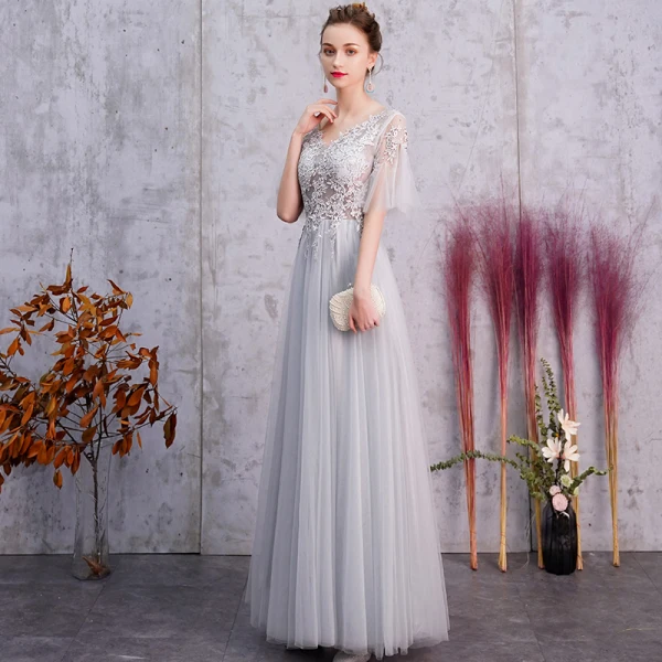Elegant Silver Evening Dresses 2019 A-Line / Princess V-Neck Rhinestone Lace Flower 1/2 Sleeves Backless Floor-Length / Long Formal Dresses
