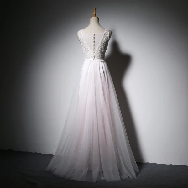 Elegant White Pearl Pink Evening Dresses A-Line / Princess 2018 Pearl Covered Button Lace Flower Sash Scoop Neck Sleeveless Floor-Length / Long Formal Dresses