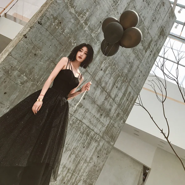 Modest / Simple Modern / Fashion Black Evening Dresses  2019 A-Line / Princess Scoop Neck Sleeveless Floor-Length / Long Formal Dresses