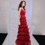 Chic / Belle Bordeaux Robe De Soirée 2019 Princesse Bretelles Spaghetti Tachetée Sans Manches Dos Nu Volants en Cascade Longue Robe De Ceremonie