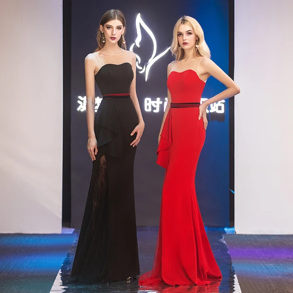 Modern / Fashion Black Evening Dresses 2019 Trumpet / Mermaid Scoop Neck Sleeveless Backless Floor-Length / Long Formal Dresses