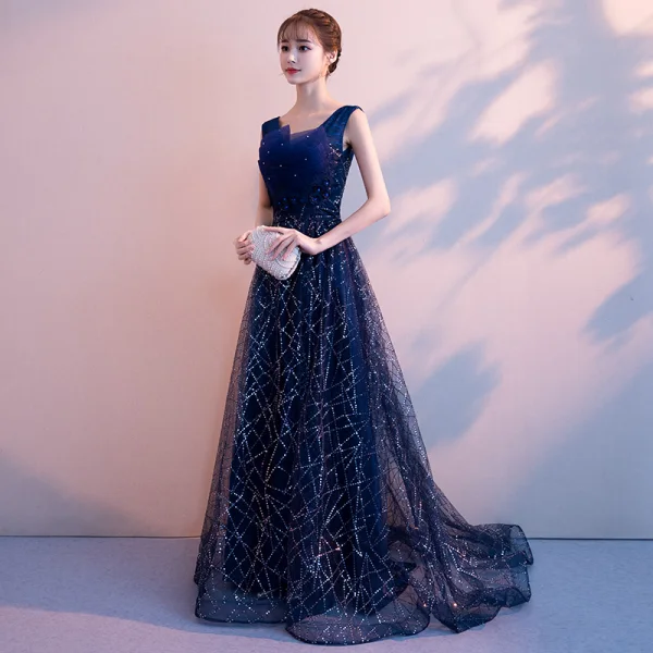 Chic / Beautiful Navy Blue Evening Dresses 2019 A-Line / Princess V-Neck Sequins Rhinestone Lace Flower Sleeveless Backless Sweep Train Formal Dresses