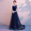 Chic / Beautiful Navy Blue Evening Dresses  2019 A-Line / Princess V-Neck Sequins Rhinestone Lace Flower Sleeveless Backless Sweep Train Formal Dresses