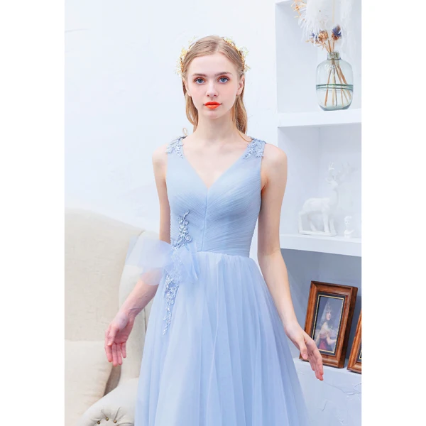 Élégant Bleu Ciel Volants Robe De Soirée 2019 Princesse V-Cou Paillettes En Dentelle Fleur Noeud Sans Manches Dos Nu Longue Robe De Ceremonie