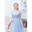 Élégant Bleu Ciel Volants Robe De Soirée 2019 Princesse V-Cou Paillettes En Dentelle Fleur Noeud Sans Manches Dos Nu Longue Robe De Ceremonie