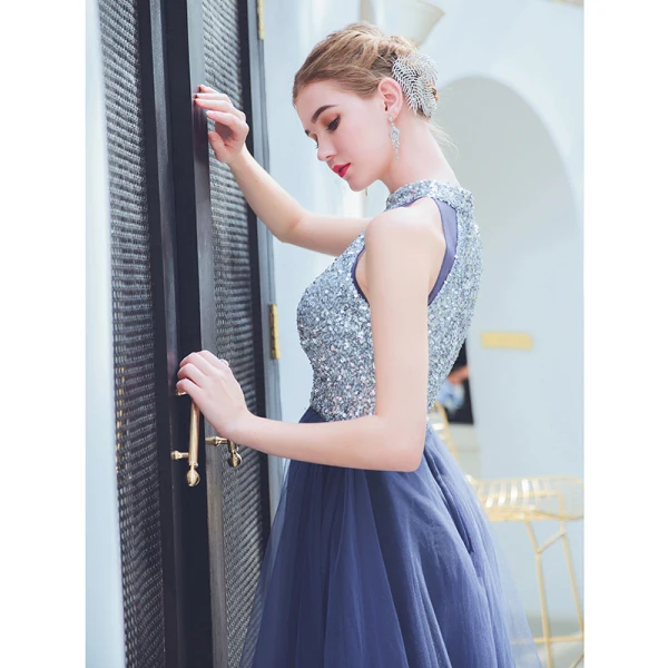 Charmant Océan Bleu Robe De Soirée 2019 Princesse Col Haut Paillettes Sans Manches Longueur Cheville Robe De Ceremonie
