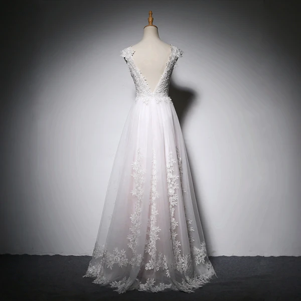 Élégant Blanche Perle Rose Robe De Soirée 2018 Princesse En Dentelle Appliques Encolure Dégagée Dos Nu Sans Manches Longue Robe De Ceremonie