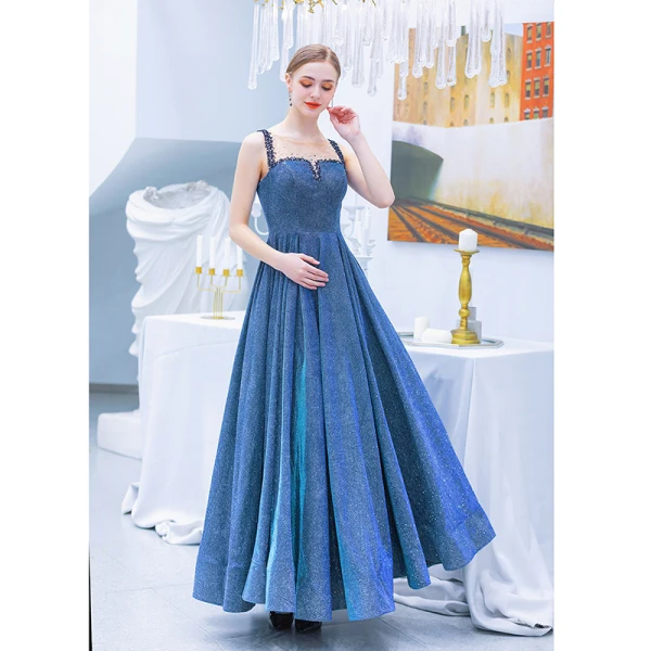 Charming Ocean Blue Evening Dresses 2019 A-Line / Princess Scoop Neck Rhinestone Sequins Sleeveless Floor-Length / Long Formal Dresses