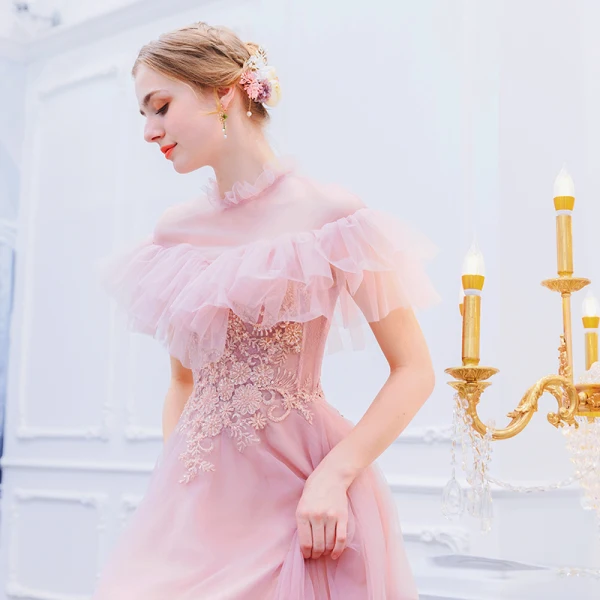 Vintage / Retro Lovely Candy Pink Evening Dresses 2019 A-Line / Princess High Neck Pearl Sequins Lace Flower Short Sleeve Floor-Length / Long Formal Dresses