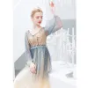 Uroczy Gradient-Kolorów Sukienki Wieczorowe 2019 Princessa V-Szyja Frezowanie Gwiazda Cekiny Długie Rękawy Bez Pleców Długie Sukienki Wizytowe