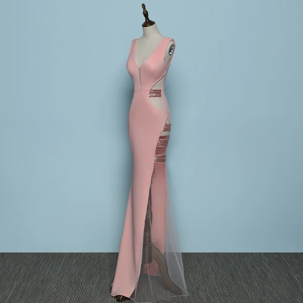 Chic / Belle Perle Rose Robe De Soirée 2019 Trompette / Sirène V-Cou Faux Diamant Sans Manches Dos Nu Longue Robe De Ceremonie