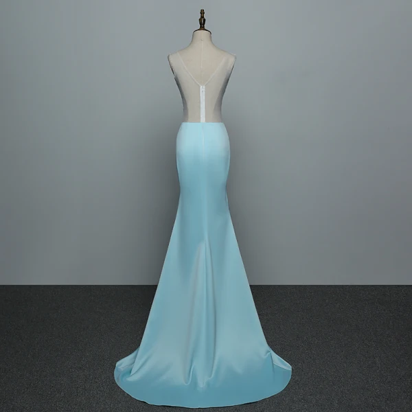 Sexy Bleu Robe De Soirée 2019 Trompette / Sirène V-Cou Faux Diamant En Dentelle Fleur Sans Manches Dos Nu Train De Balayage Robe De Ceremonie