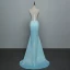 Sexy Bleu Robe De Soirée 2019 Trompette / Sirène V-Cou Faux Diamant En Dentelle Fleur Sans Manches Dos Nu Train De Balayage Robe De Ceremonie