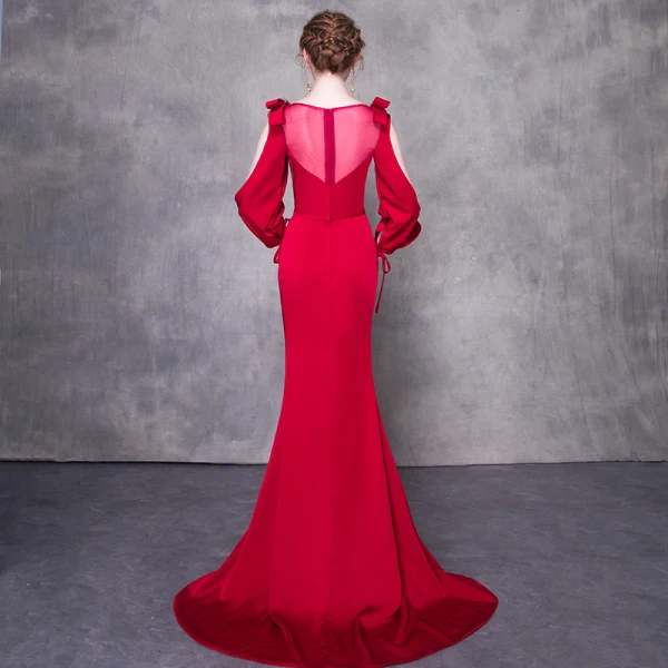 Chic / Beautiful Burgundy Evening Dresses  2019 Trumpet / Mermaid Scoop Neck Bow Beading Crystal Short Sleeve Sweep Train Formal Dresses