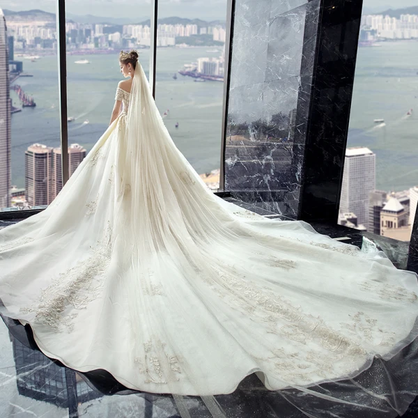 Charming Champagne Wedding Dresses 2019 A-Line / Princess Off-The-Shoulder Beading Sequins Lace Flower Short Sleeve Backless Royal Train