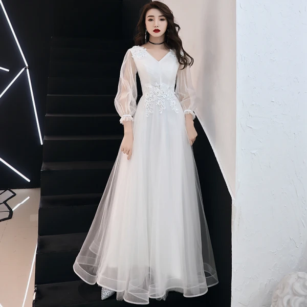 Élégant Blanche Robe De Soirée 2019 Princesse V-Cou Paillettes En Dentelle Fleur 3/4 Manches Longue Robe De Ceremonie