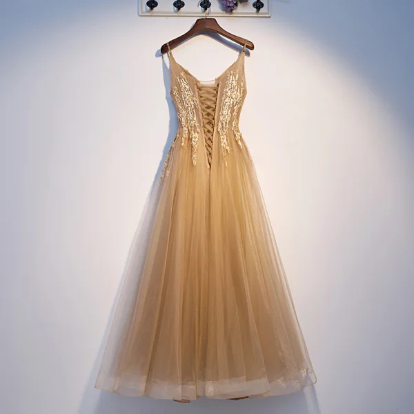 Élégant Champagne Robe De Soirée 2019 Princesse Bretelles Spaghetti Perlage Paillettes En Dentelle Fleur Sans Manches Dos Nu Longue Robe De Ceremonie