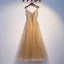 Élégant Champagne Robe De Soirée 2019 Princesse Bretelles Spaghetti Perlage Paillettes En Dentelle Fleur Sans Manches Dos Nu Longue Robe De Ceremonie