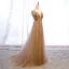 Élégant Champagne Robe De Soirée 2019 Princesse V-Cou Perlage Faux Diamant Appliques En Dentelle Fleur Manches Courtes Dos Nu Train De Balayage Robe De Ceremonie