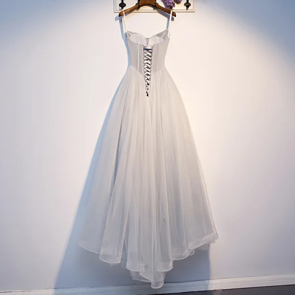 Hermoso Gris Vestidos de gala 2019 A-Line / Princess Spaghetti Straps Rebordear Lentejuelas Sin Mangas Sin Espalda Asimétrico Vestidos Formales