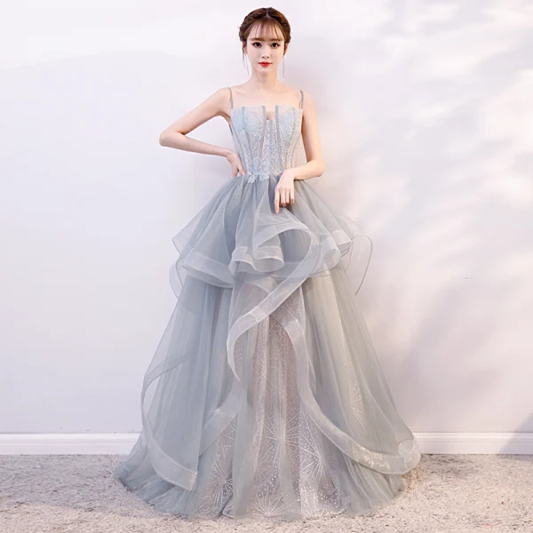 Modern / Fashion Sage Green Silver Prom Dresses 2019 A-Line / Princess Spaghetti Straps Lace Flower Sleeveless Backless Cascading Ruffles Floor-Length / Long Formal Dresses