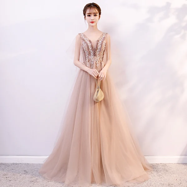 Elegant Champagne Evening Dresses 2019 A-Line / Princess V-Neck Appliques Lace Flower Sequins Short Sleeve Backless Floor-Length / Long Formal Dresses
