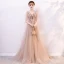 Elegant Champagne Evening Dresses  2019 A-Line / Princess V-Neck Appliques Lace Flower Sequins Short Sleeve Backless Floor-Length / Long Formal Dresses