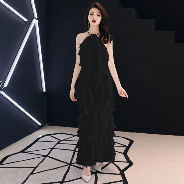 Modern / Fashion Ivory Evening Dresses 2019 Halter Sleeveless Backless Cascading Ruffles Ankle Length Formal Dresses