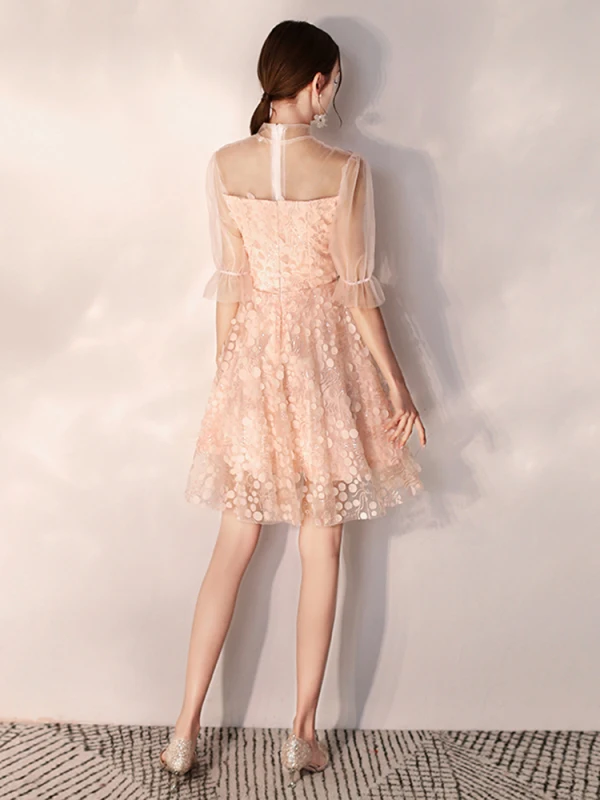 Modern / Fashion Pearl Pink Homecoming Graduation Dresses 2019 A-Line / Princess High Neck Appliques Sequins 1/2 Sleeves Knee-Length Formal Dresses
