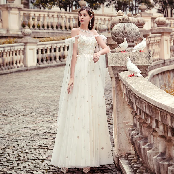Modern / Fashion Champagne Evening Dresses 2019 A-Line / Princess Scoop Neck Pearl Lace Flower Sequins Sleeveless Backless Floor-Length / Long Formal Dresses