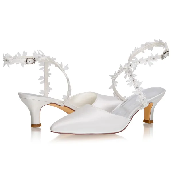 Simple Ivoire Satin Chaussure De Mariée 2021 Bride Cheville Faux Diamant En Dentelle Fleur 5 cm Talons Aiguilles À Bout Pointu Mariage Talons Hauts