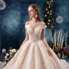Charming Champagne Wedding Dresses 2019 A-Line / Princess Off-The-Shoulder Beading Lace Flower Sleeveless Backless Royal Train