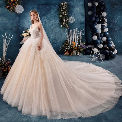 Schöne Champagner Brautkleider / Hochzeitskleider 2019 Ballkleid Rüschen Bandeau Perlenstickerei Ärmellos Rückenfreies Königliche Schleppe