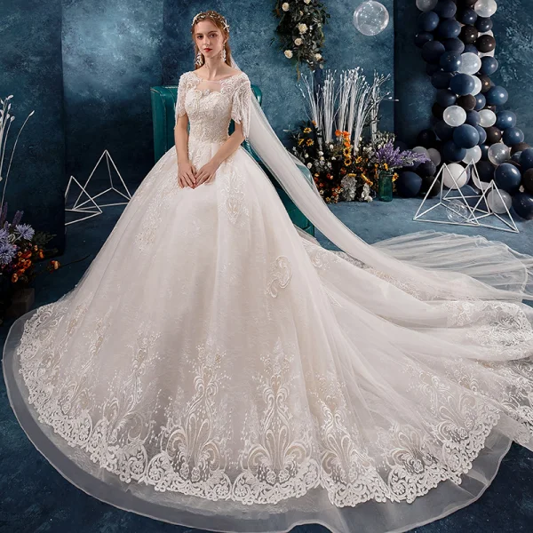 Classy Ivory Wedding Dresses 2019 A-Line / Princess Scoop Neck Beading Sequins Pearl Lace Flower Short Sleeve Backless Cathedral Train