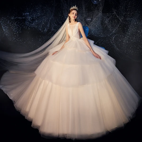 Fabulous Champagne Wedding Dresses 2019 Ball Gown Scoop Neck Beading Sleeveless Backless Cathedral Train