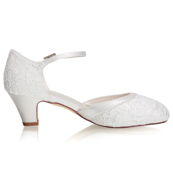 Simple Ivoire En Dentelle Satin Chaussure De Mariée 2021 5 cm Talons Épais À Bout Rond Mariage Talons Hauts