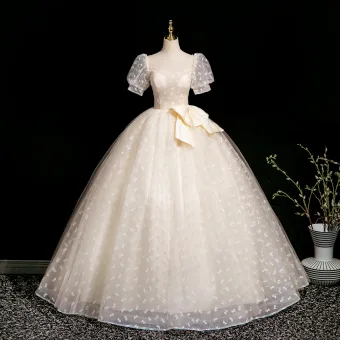 Elegante Champagne Het Drukken Galajurken 2025 Baljurk Vierkante Halslijn Strik Gezwollen Korte Mouwen Ruglooze Lange Gala Gelegenheid Jurken