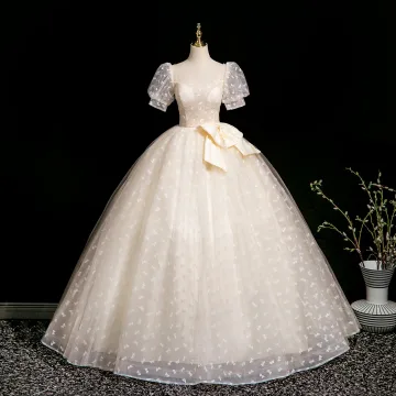 Elegant Champagne Printing Prom Dresses 2025 Ball Gown Square Neckline Bow Puffy Short Sleeve Backless Floor Length Long Prom Formal Dresses