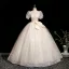 Elegant Champagne Printing Prom Dresses 2025 Ball Gown Square Neckline Bow Puffy Short Sleeve Backless Floor-Length / Long Prom Formal Dresses