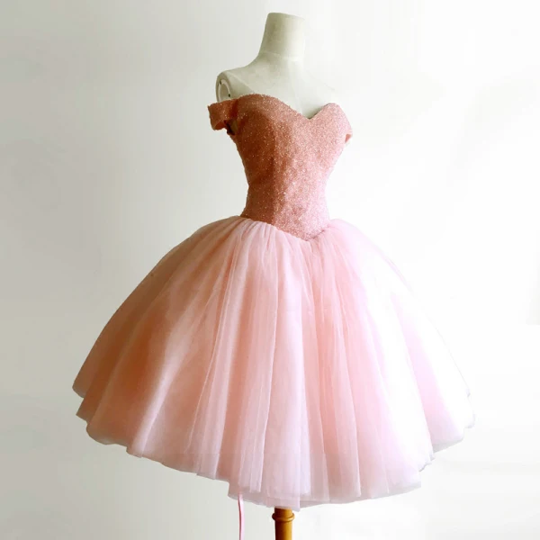 Élégant Perle Rose Robe De Cocktail 2018 Robe Boule Perlage Cristal De l'épaule Dos Nu Sans Manches Courte Robe De Ceremonie