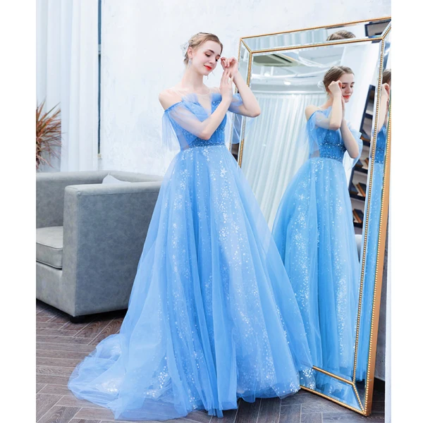 Elegante Blau Abendkleider 2019 A Linie Rundhalsausschnitt Perlenstickerei Pailletten Star Kurze Ärmel Rückenfreies Sweep / Pinsel Zug Festliche Kleider