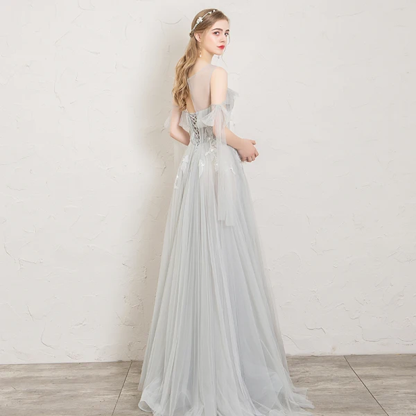 Elegant Grey Evening Dresses 2019 A-Line / Princess Scoop Neck Appliques Lace Flower Sleeveless Backless Floor-Length / Long Formal Dresses