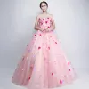 Chic / Beautiful Flower Fairy Candy Pink Prom Dresses 2019 A-Line / Princess Strapless Appliques Sleeveless Backless Bow Floor-Length / Long Formal Dresses