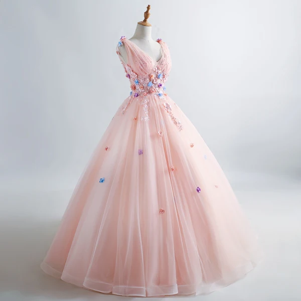 Elegant Pearl Pink Prom Dresses 2019 A-Line / Princess V-Neck Appliques Pearl Lace Flower Sleeveless Backless Floor-Length / Long Formal Dresses