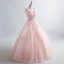 Elegant Pearl Pink Prom Dresses 2019 A-Line / Princess V-Neck Appliques Pearl Lace Flower Sleeveless Backless Floor-Length / Long Formal Dresses