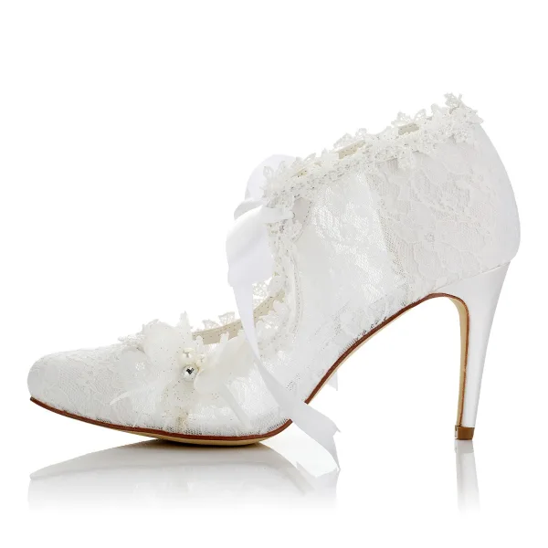 Eleganta Elfenben Satin Brudskor 2021 Rosett Pärla Spets Blomma 8 cm Stilettklackar Spetsiga Bröllop Pumps Högklackade