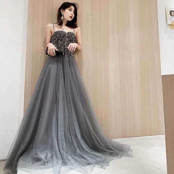 Modern / Fashion Grey Evening Dresses 2019 A-Line / Princess Spaghetti Straps Beading Sequins Sleeveless Backless Sweep Train Formal Dresses