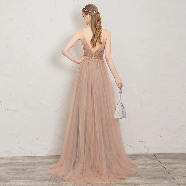 Schöne Pearl Rosa Abendkleider 2019 A Linie Spaghettiträger Perlenstickerei Kristall Perle Pailletten Ärmellos Rückenfreies Gespaltete Front Lange Festliche Kleider