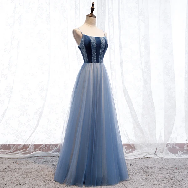 Chic / Belle Océan Bleu Robe De Soirée 2019 Princesse Bretelles Spaghetti Daim Perlage Cristal Sans Manches Dos Nu Longue Robe De Ceremonie